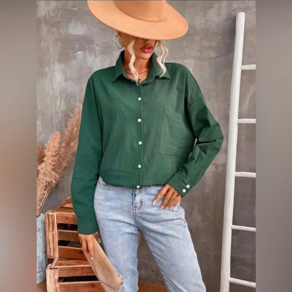 Women’s Spring & Autumn Casual Solid Forest Green Color Long Sleeve Shirt Sz L - Picture 1 of 7